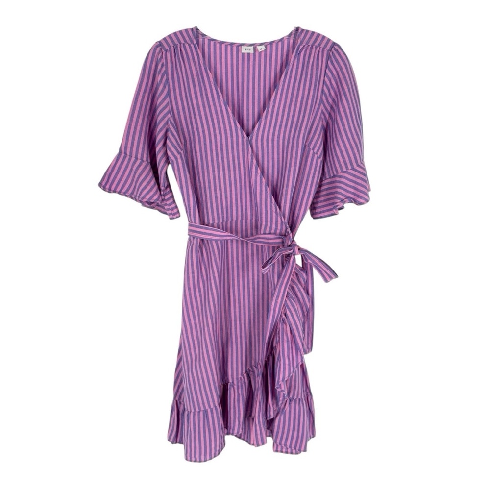 Gap Linen Cotton Wrap Dress Womens Size Small Pink Blue Stripe Ruffle Flounce
